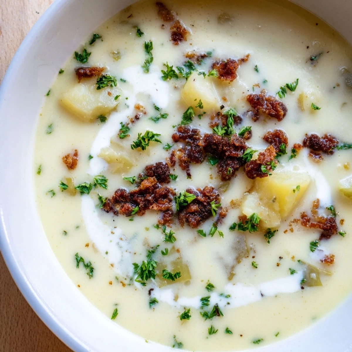 A warm Potato, Leek & Chorizo Soup bowl, garnished with parsley, ready to be enjoyed.