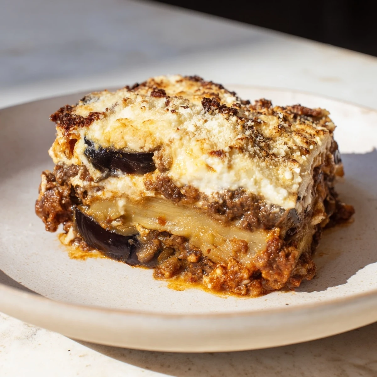 Homemade Moussaka fresh from the oven, ready to be sliced and served for a delicious Greek dinner.