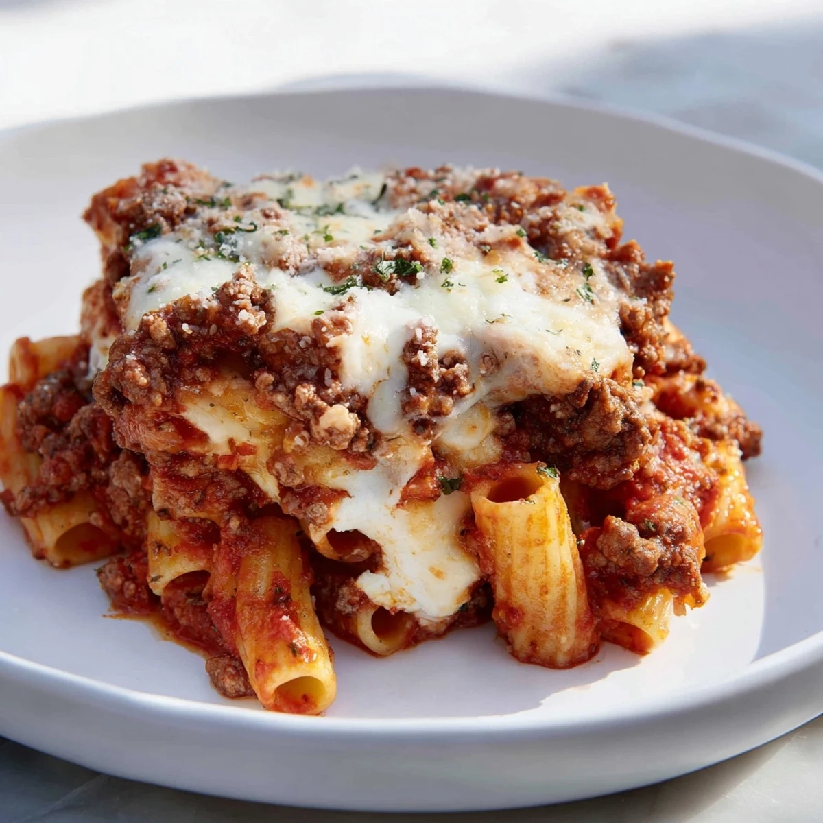 Close-up of a bubbling Baked Ziti dish, with melted mozzarella and Parmesan cheese topping.
