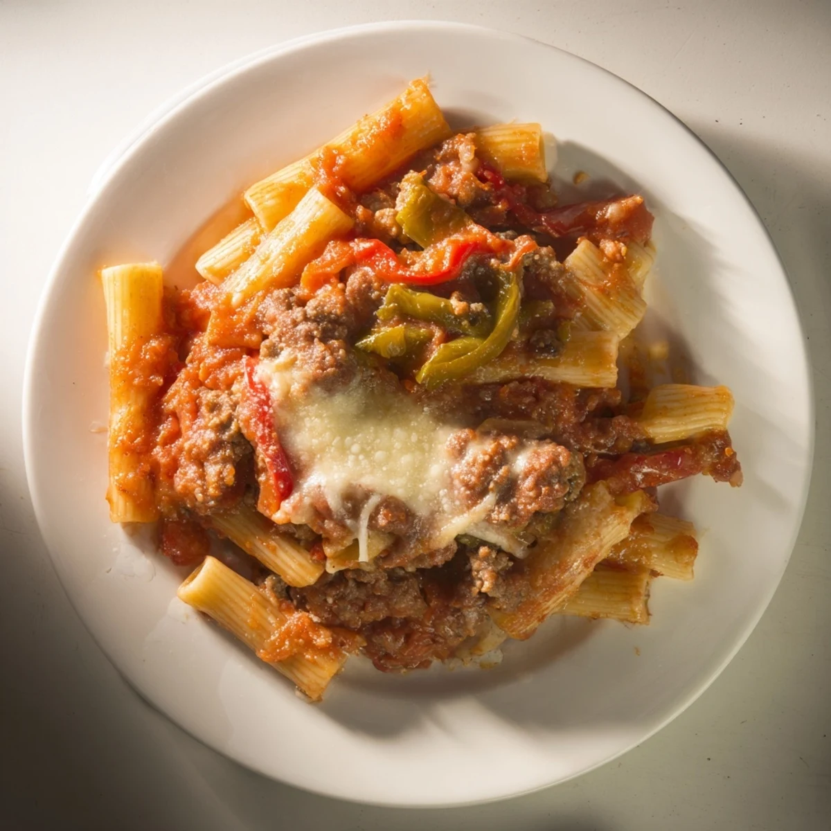 Baked Rigatoni with Sausage & Peppers, bubbling with melted cheese and ready to serve for dinner.