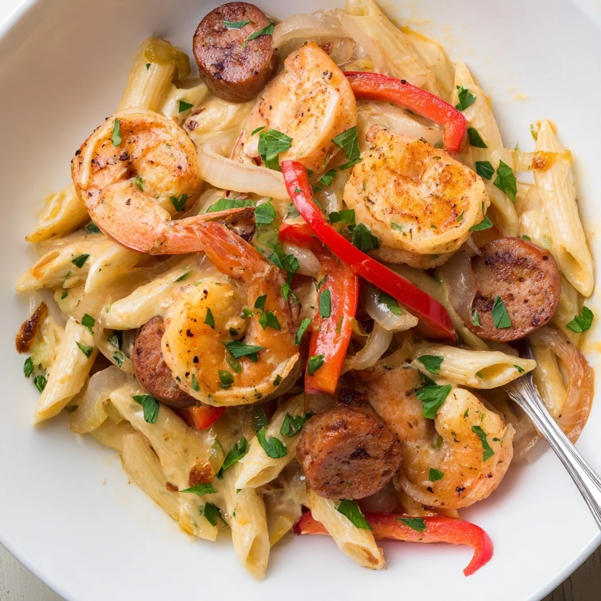 A close-up of a pan of Cajun Sausage & Shrimp Alfredo Pasta Skillet topped with fresh parsley, ready to enjoy.