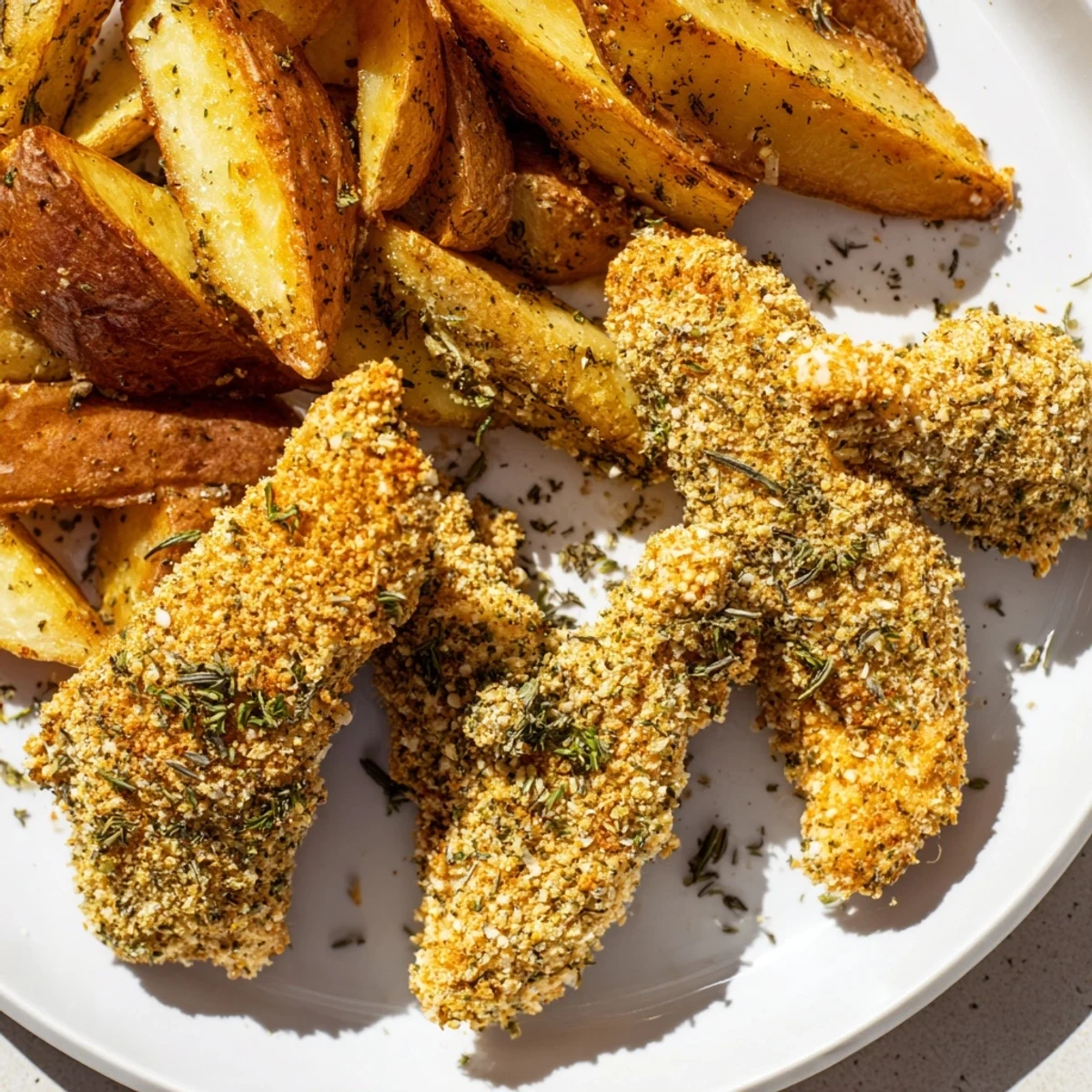 Golden-brown herbed chicken tenders and crispy potato wedges, a comforting American dinner.