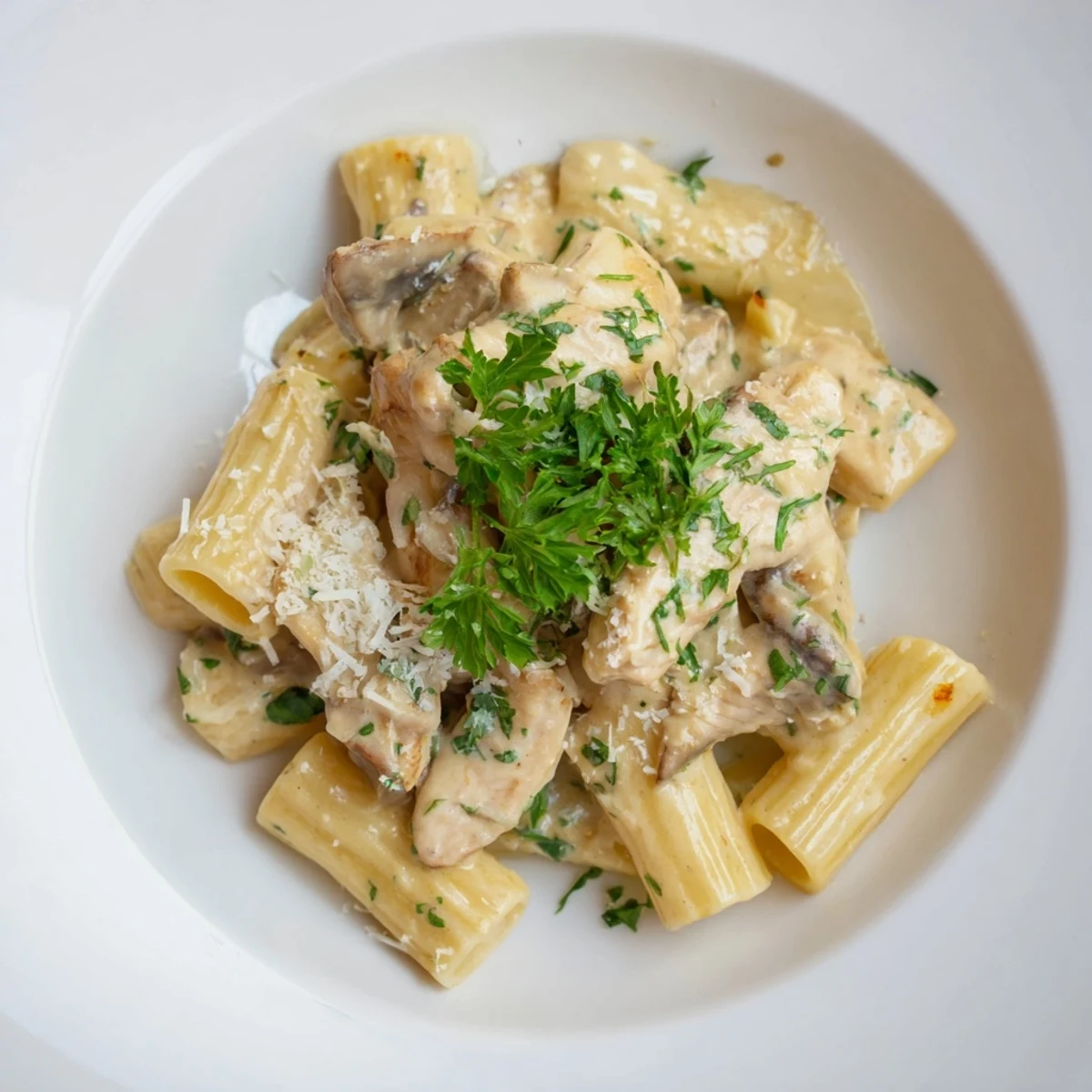 Creamy Garlic Parmesan Chicken Rigatoni with golden chicken and rich sauce, perfect for dinner.
