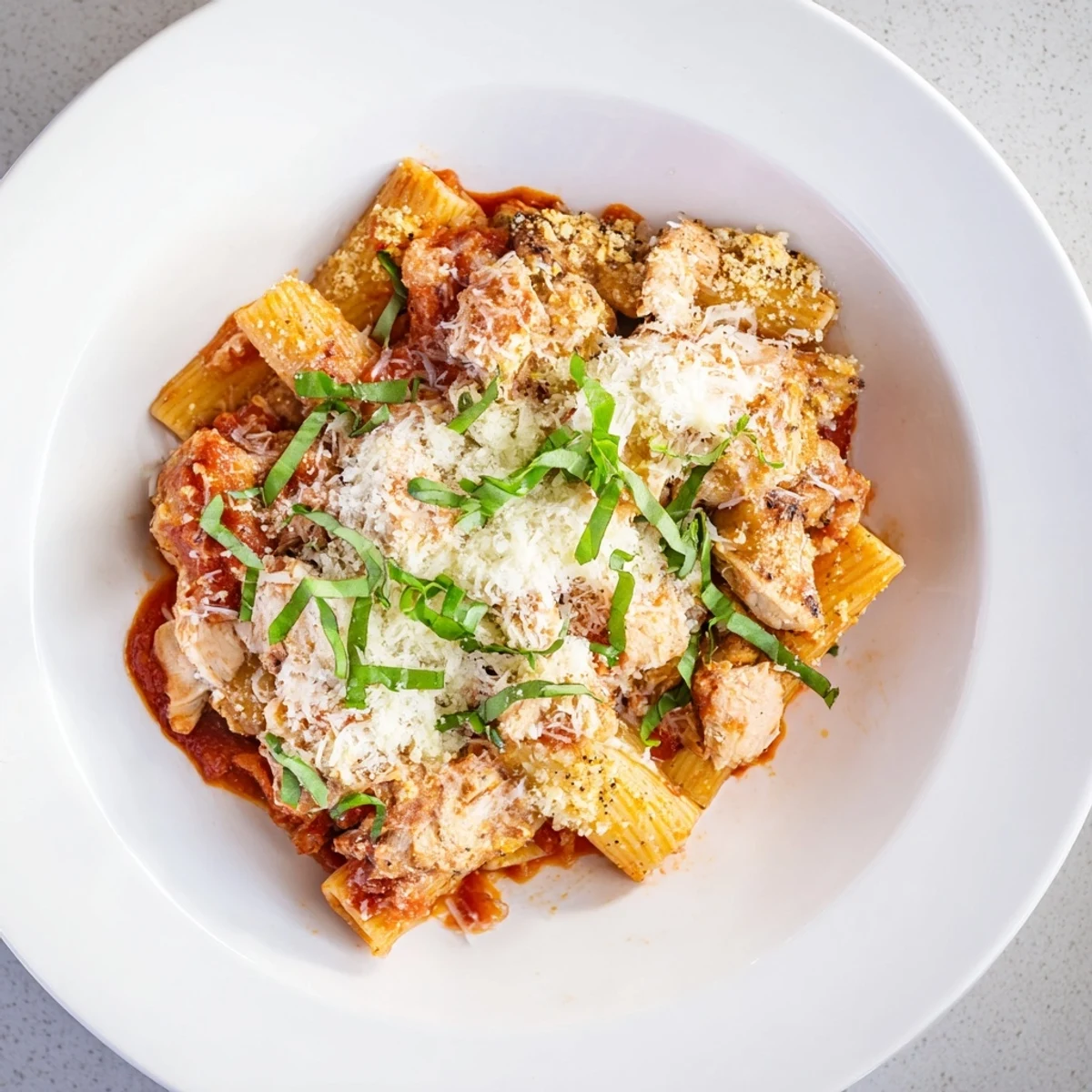 Baked Chicken Parmesan Pasta bubbling in a baking dish, a cheesy, comforting Italian dish.
