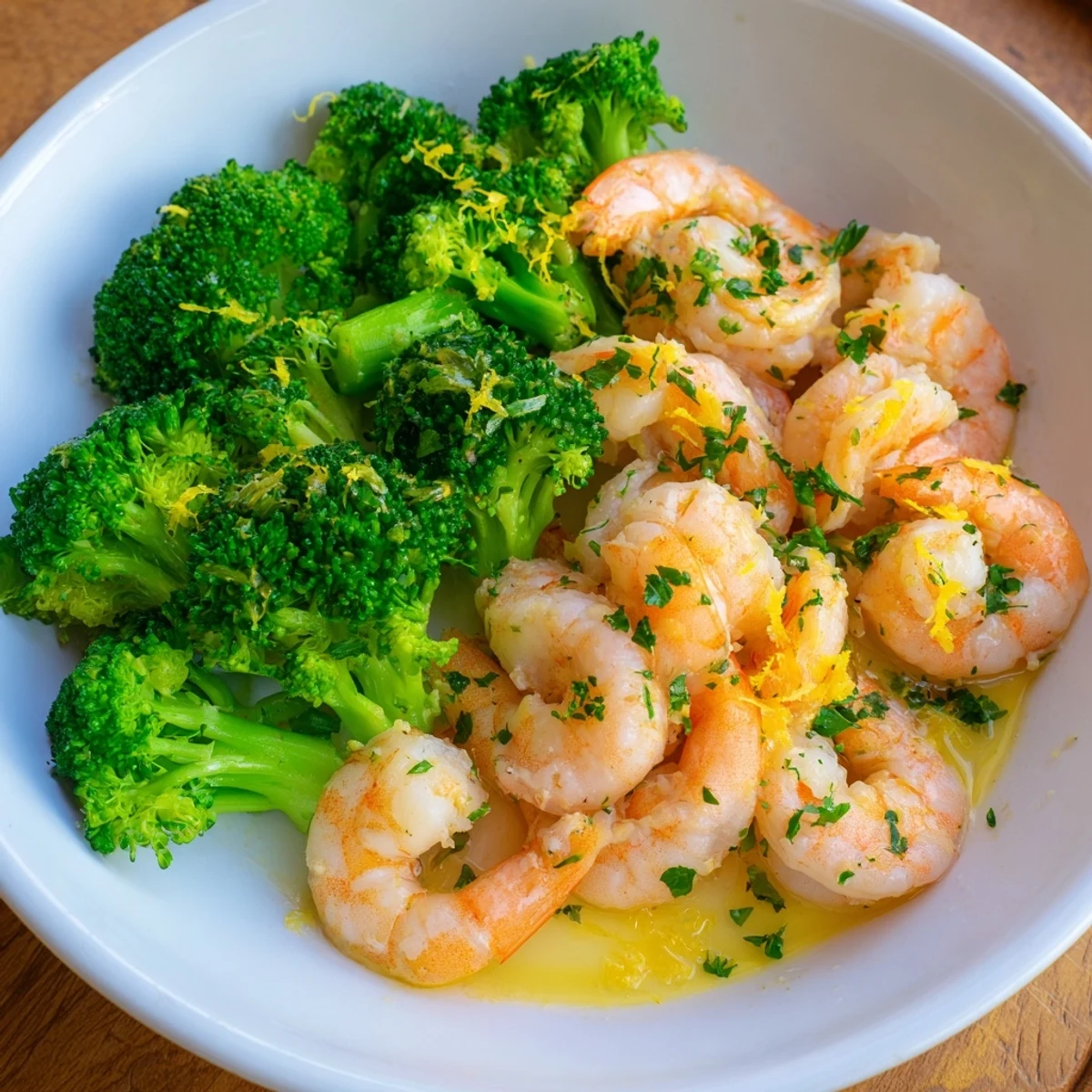 Golden pan of Lemon Butter Shrimp & Broccoli, a quick, flavorful dinner, garnished with parsley.