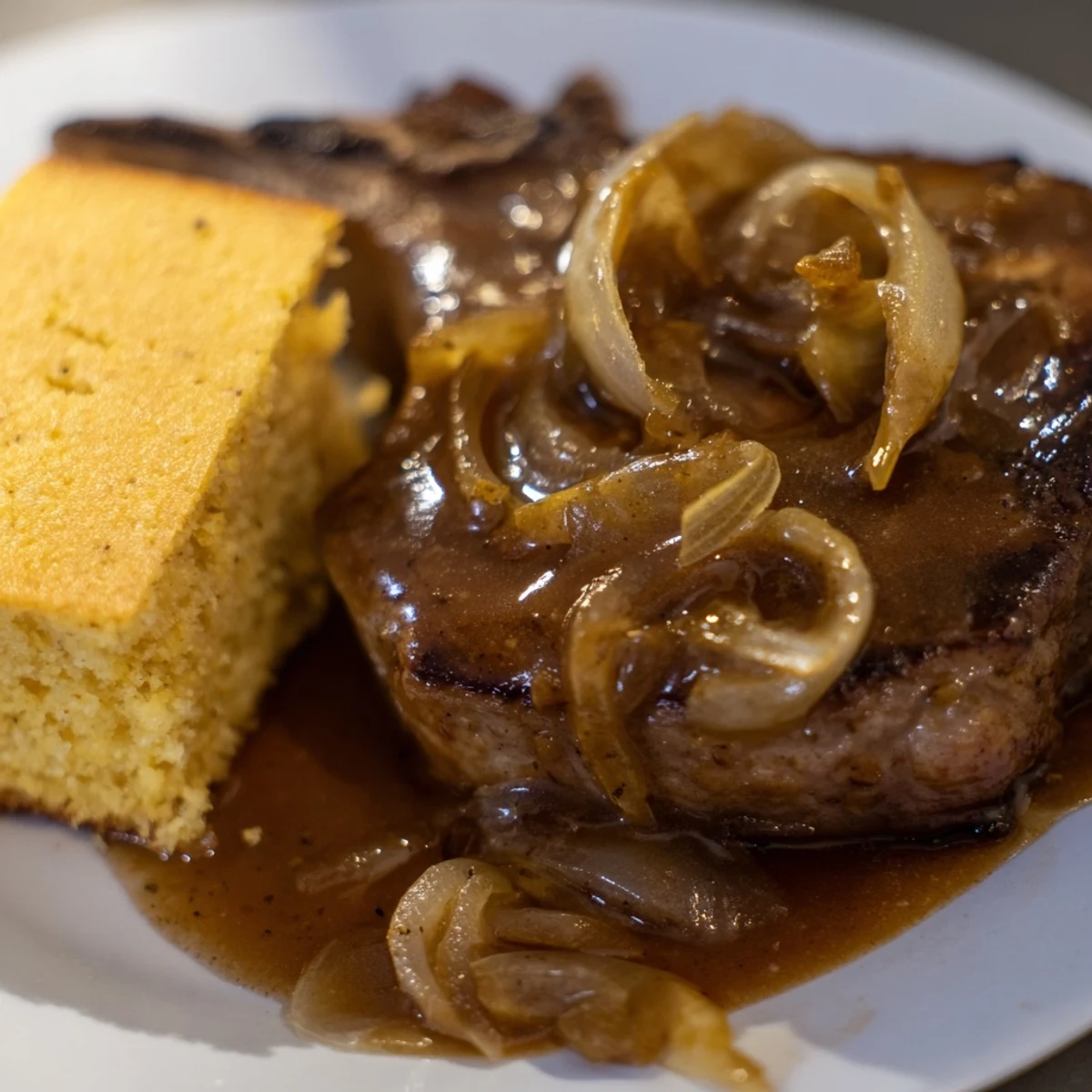 Golden, moist cornbread next to savory smothered pork chops, a classic American comfort food dinner.