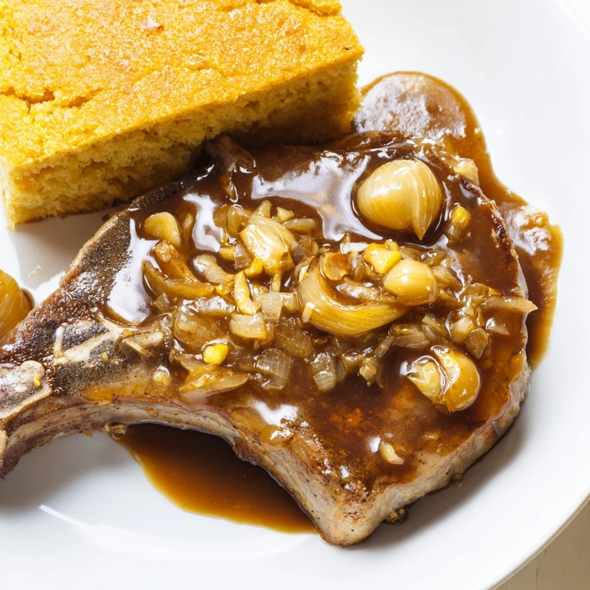 Tender smothered pork chops swimming in rich gravy, served with fluffy cornbread on a warm plate.