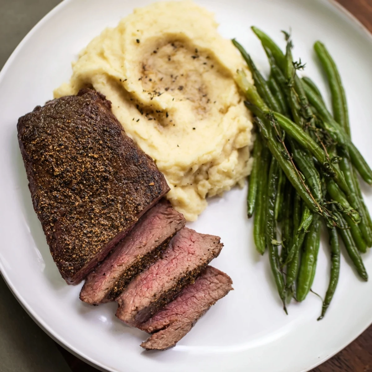Close-up of the flavorful Steak & Garlic Mash sheet pan, featuring tender steak and colorful green beans.