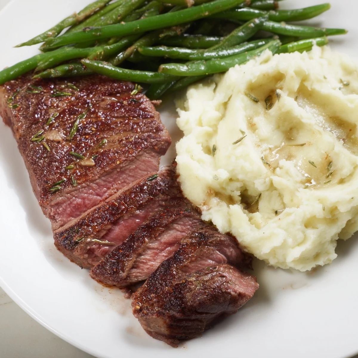 A complete, easy meal: delicious Steak & Garlic Mash served hot from the sheet pan, perfectly prepared.