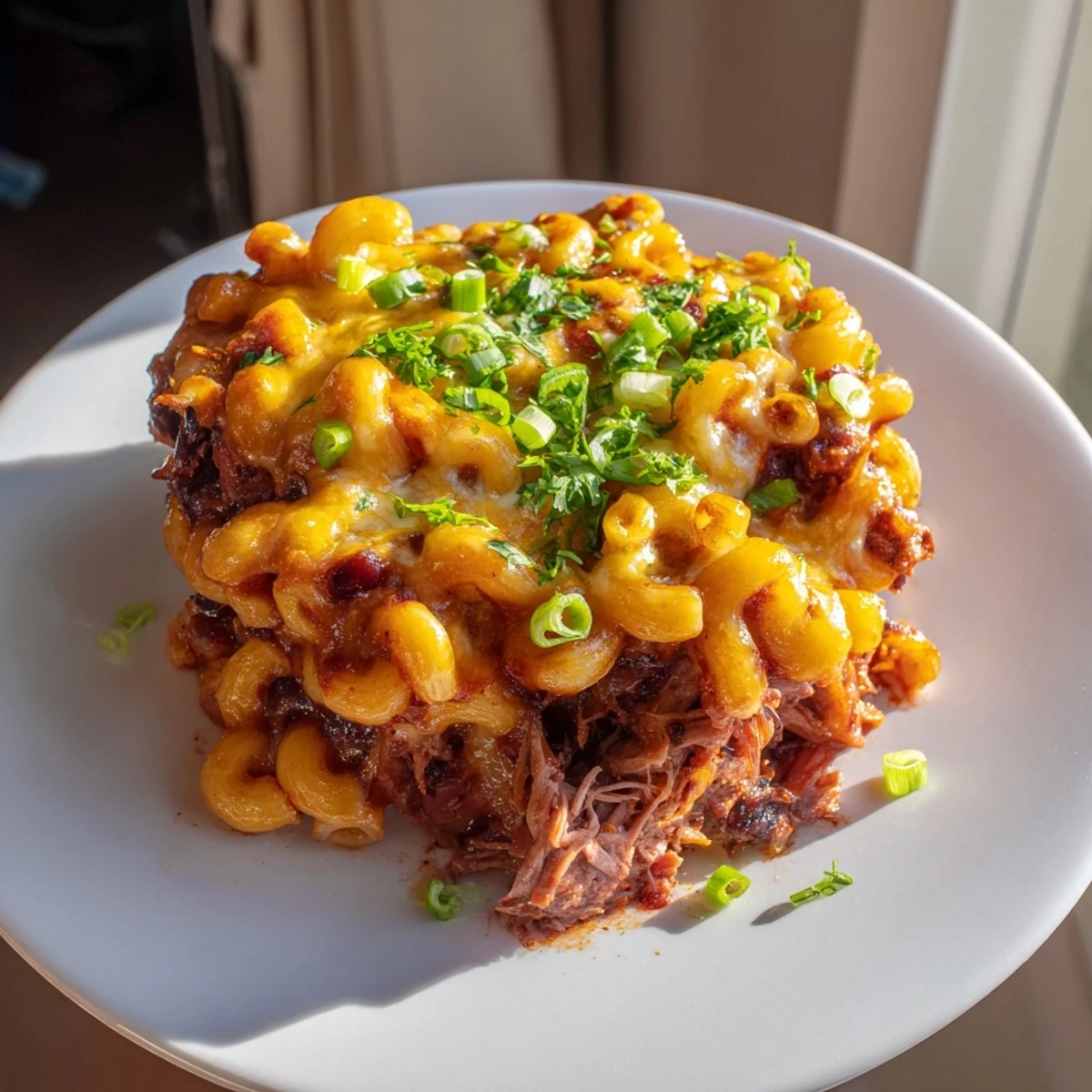 A comforting close-up shot of the fully baked BBQ Rib Macaroni Skillet, golden and cheesy, ready to eat.