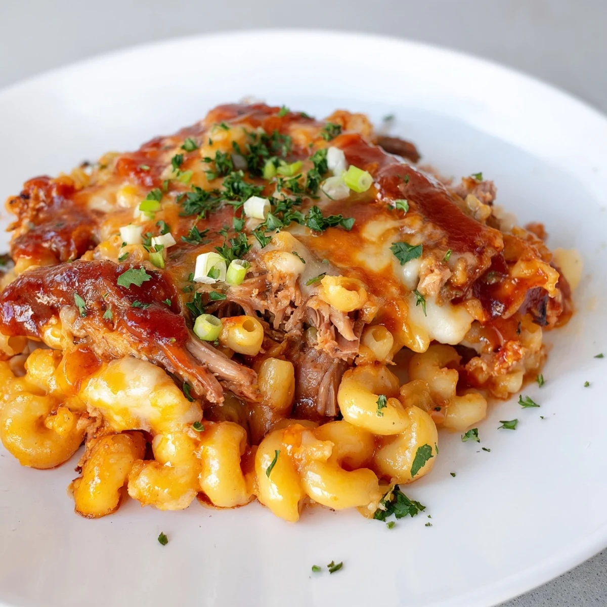 Skillet of creamy BBQ Rib Macaroni, a home-cooked meal with tender ribs, pasta, and savory barbecue sauce.