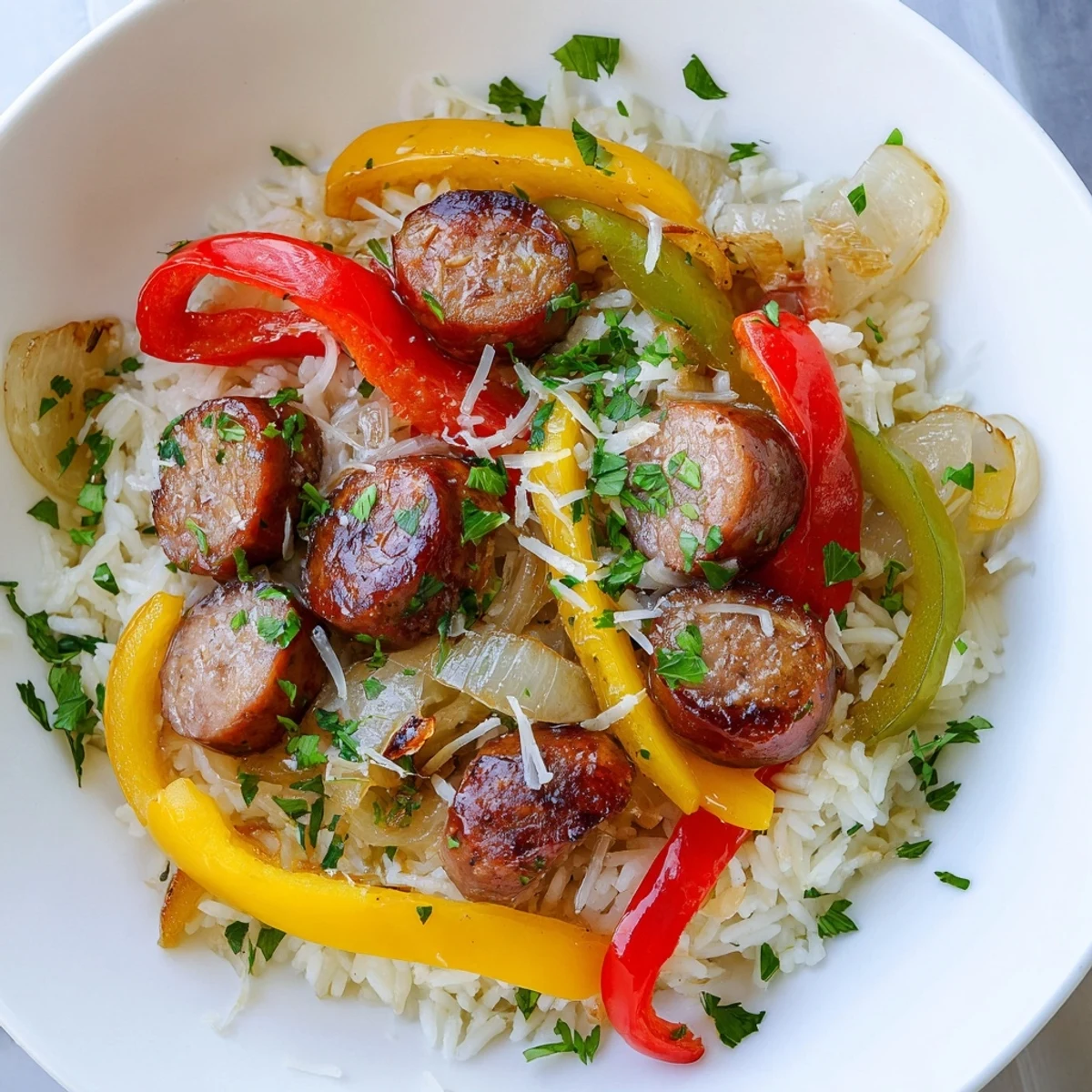 Golden Italian Sausage & Peppers Rice Plate, a complete flavorful meal loaded with vibrant bell peppers and herbs.