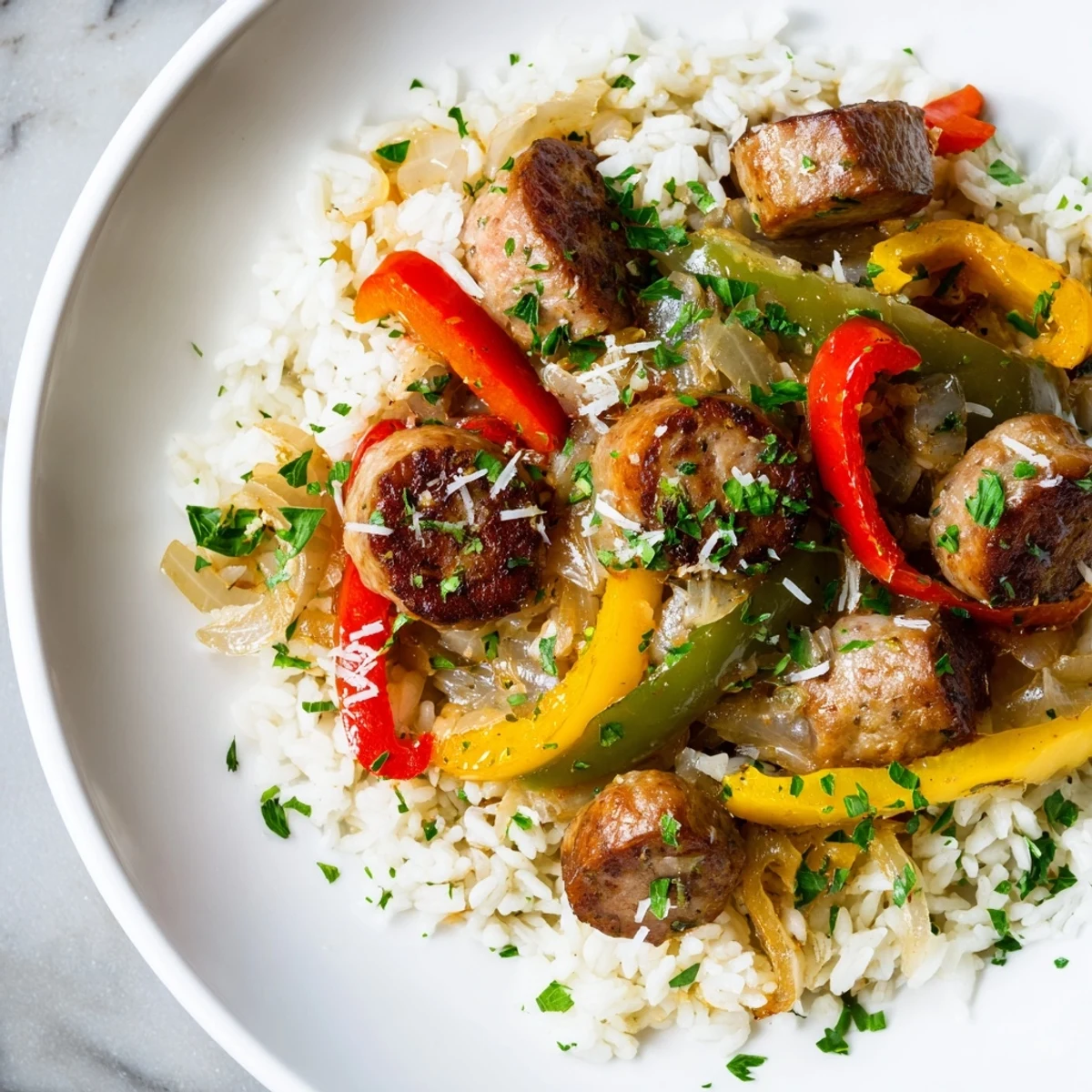 Steaming Italian Sausage & Peppers Rice Plate, with perfectly cooked rice and a sprinkle of fresh parsley, smells delicious.