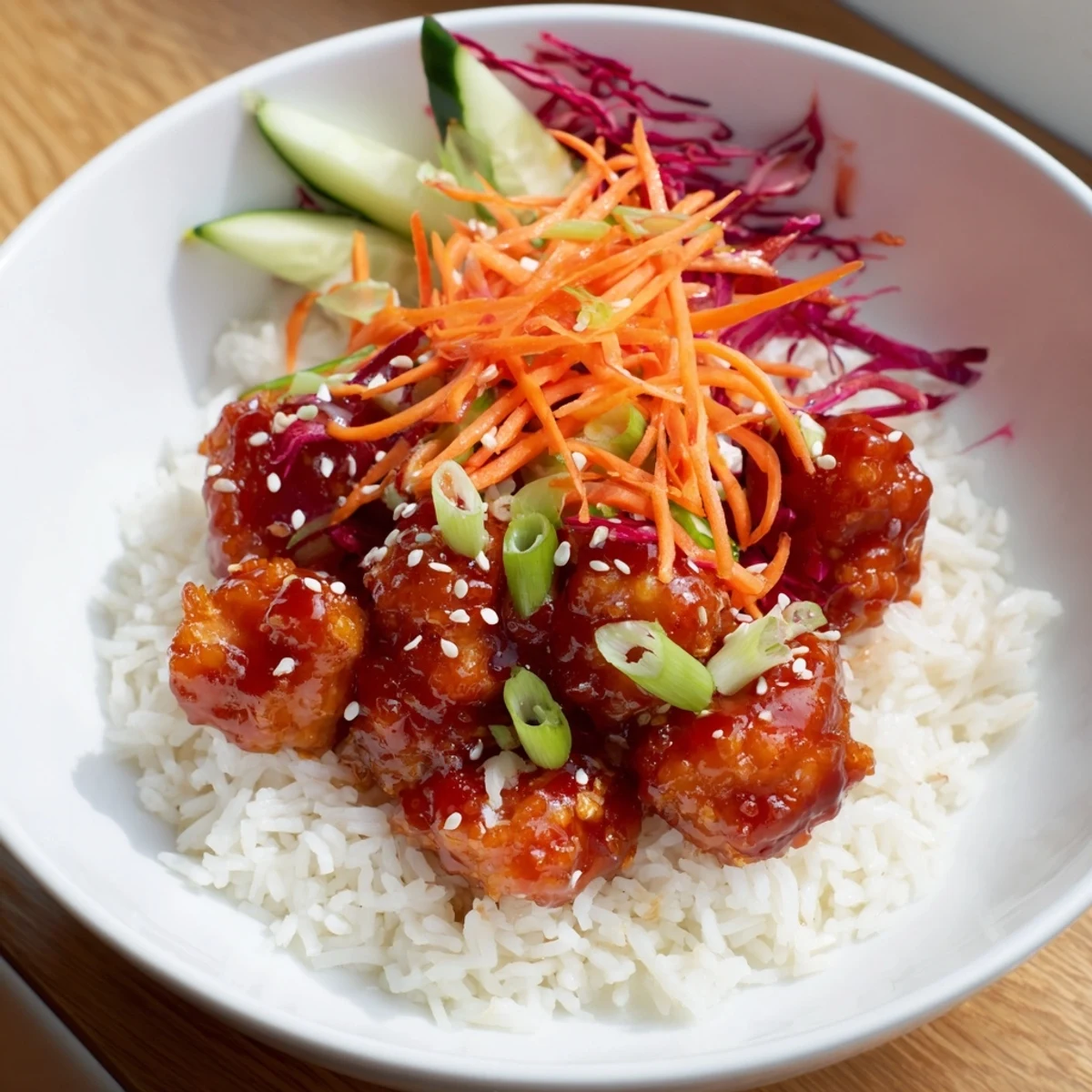 Delectable Sriracha Honey Chicken Rice Bowl, served over fluffy rice, offering a taste of sweet and savory textures.