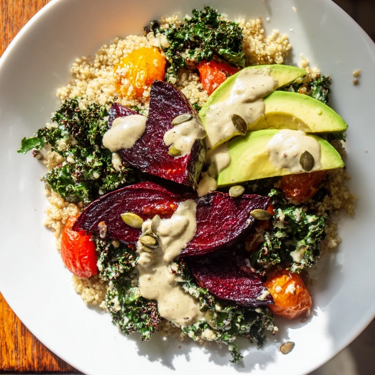 Vibrant Quinoa, Kale & Roasted Beet Bowl: colorful roasted beets atop fluffy quinoa with creamy tahini.