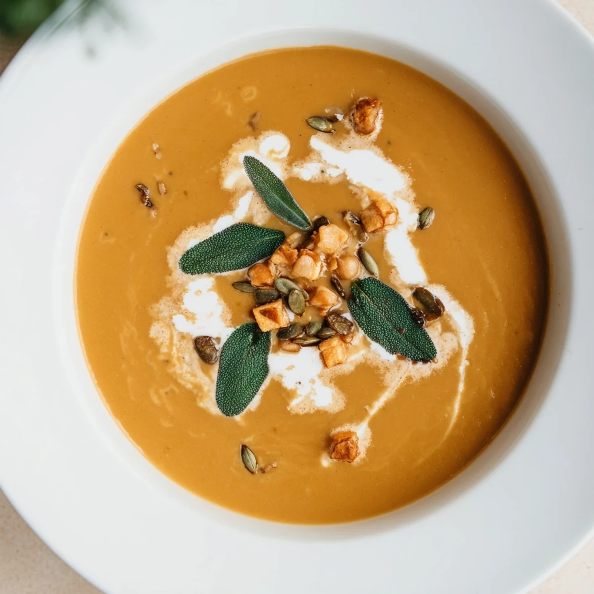 Creamy Chickpea, Pumpkin & Sage Soup: a close-up bowl with a swirl of cream and toasted pumpkin seeds.