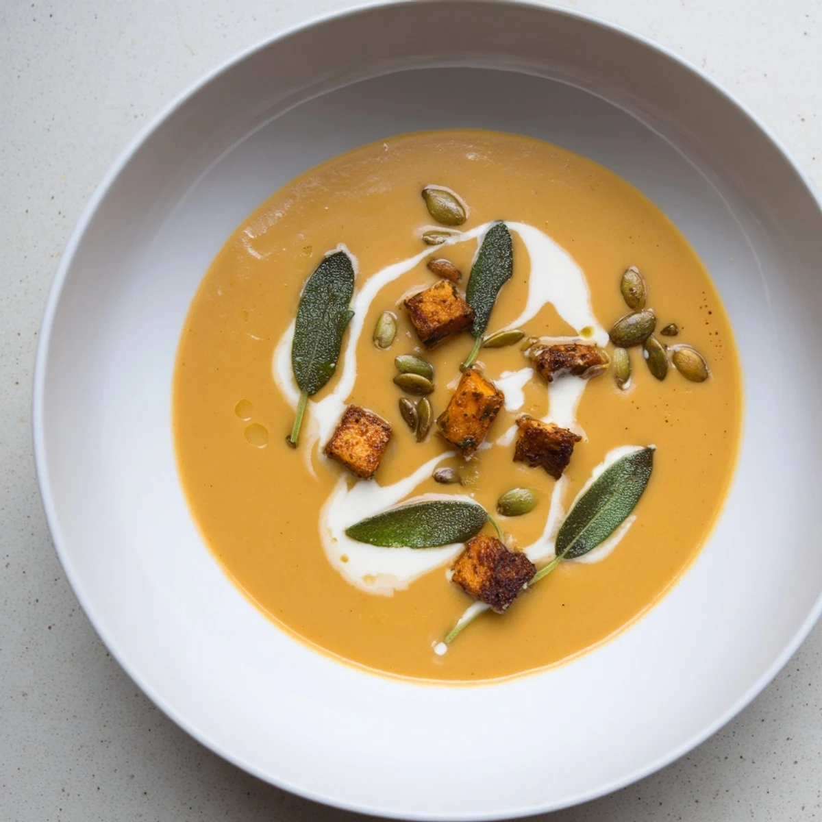 Enjoy a steaming bowl of Chickpea, Pumpkin & Sage Soup, showcasing golden roasted pumpkin and fragrant herbs.