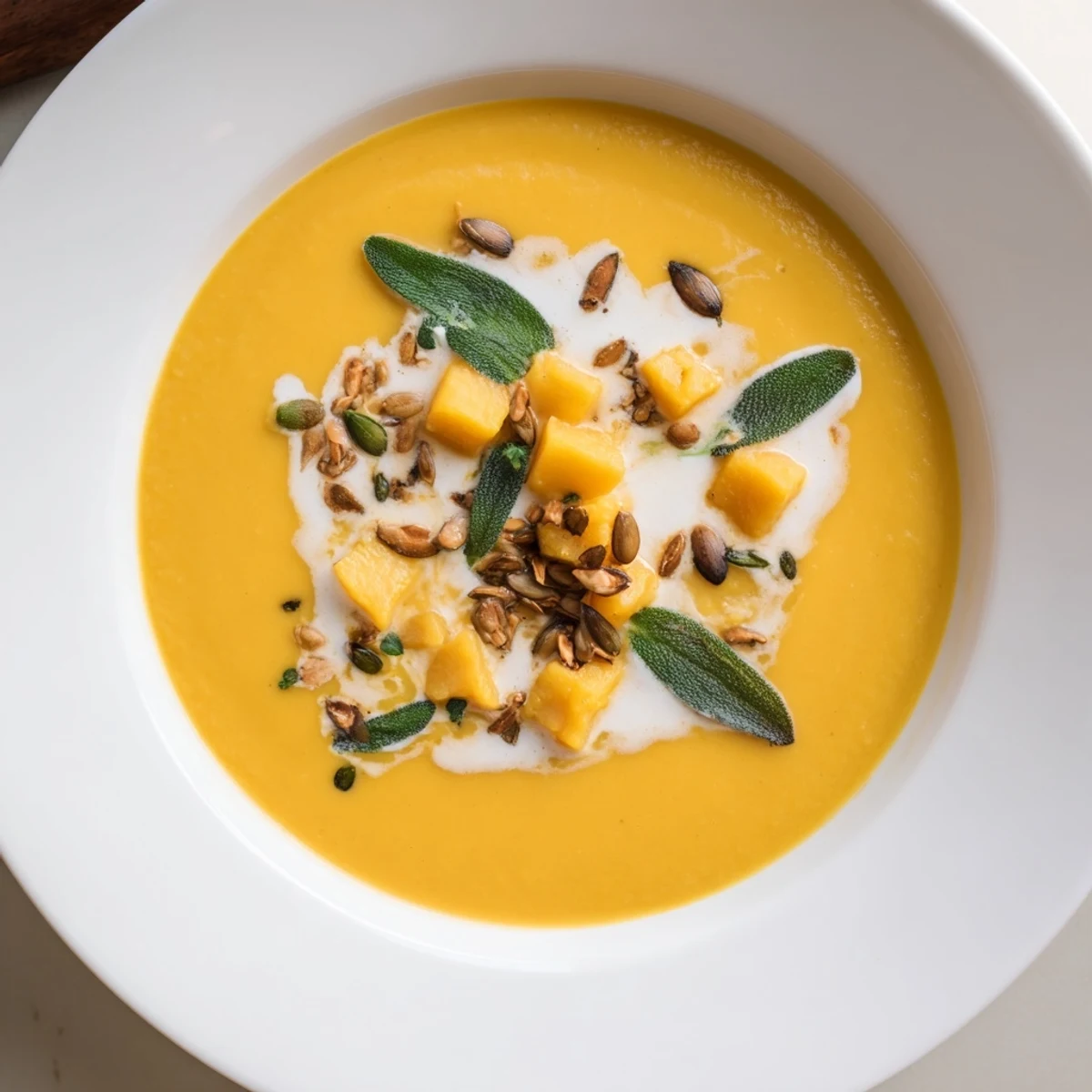 Delicious Chickpea, Pumpkin & Sage Soup, smooth and velvety for a cozy vegan autumn dinner, ready to eat.