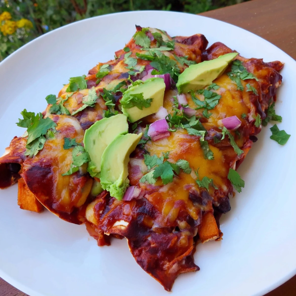 Warm, cheesy One-Pan Sweet Potato, Black Bean & Kale Enchiladas, ready for a satisfying vegetarian supper.