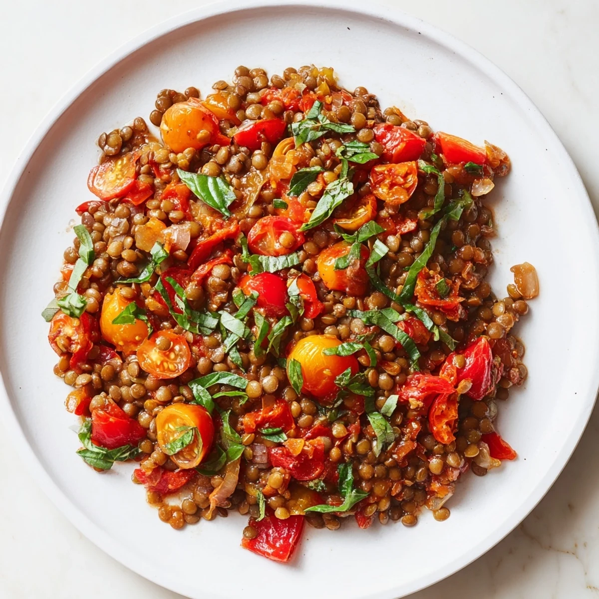 Vibrant Lentil-Tomato Skillet, showcasing a delicious Mediterranean vegetarian meal with fresh herbs.