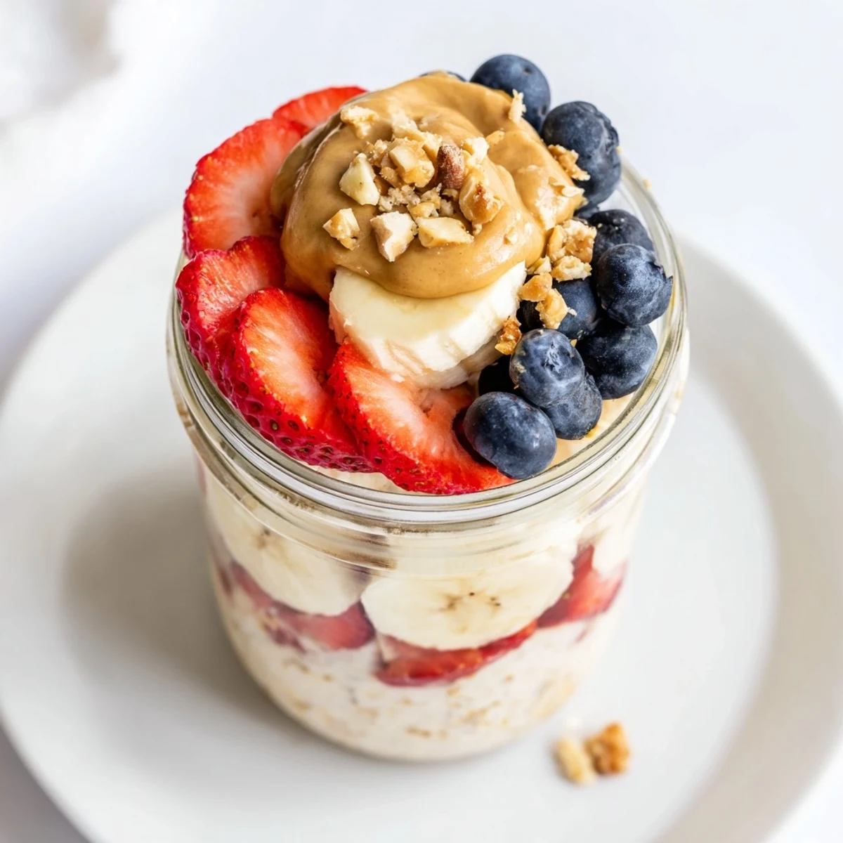 A layered Overnight Oats Jars with vibrant berries and creamy peanut butter ready to enjoy cold.