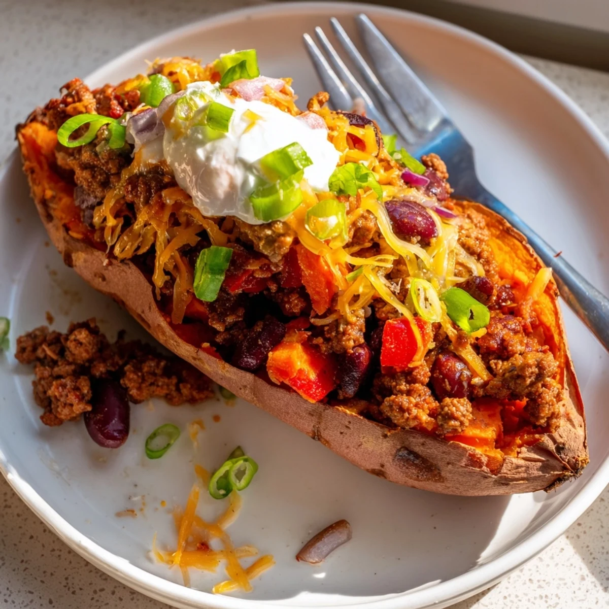 Steaming baked sweet potato stuffed with chili, garnished with fresh cilantro and creamy toppings.