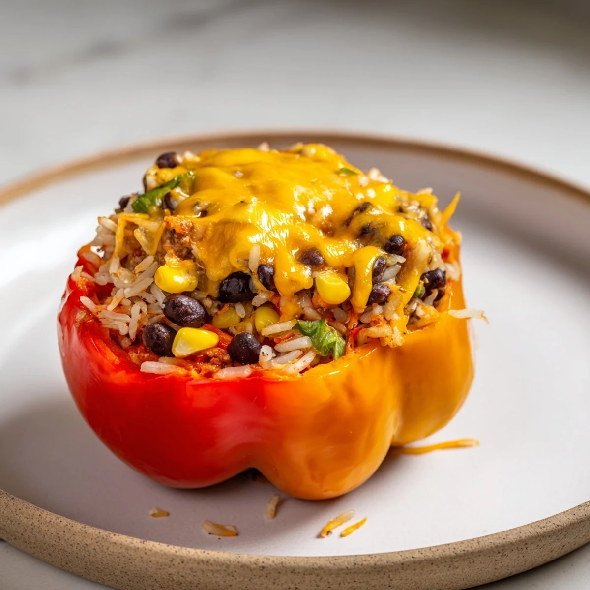Golden-brown stuffed bell peppers, brimming with rice and savory filling, ready to serve as a meal.