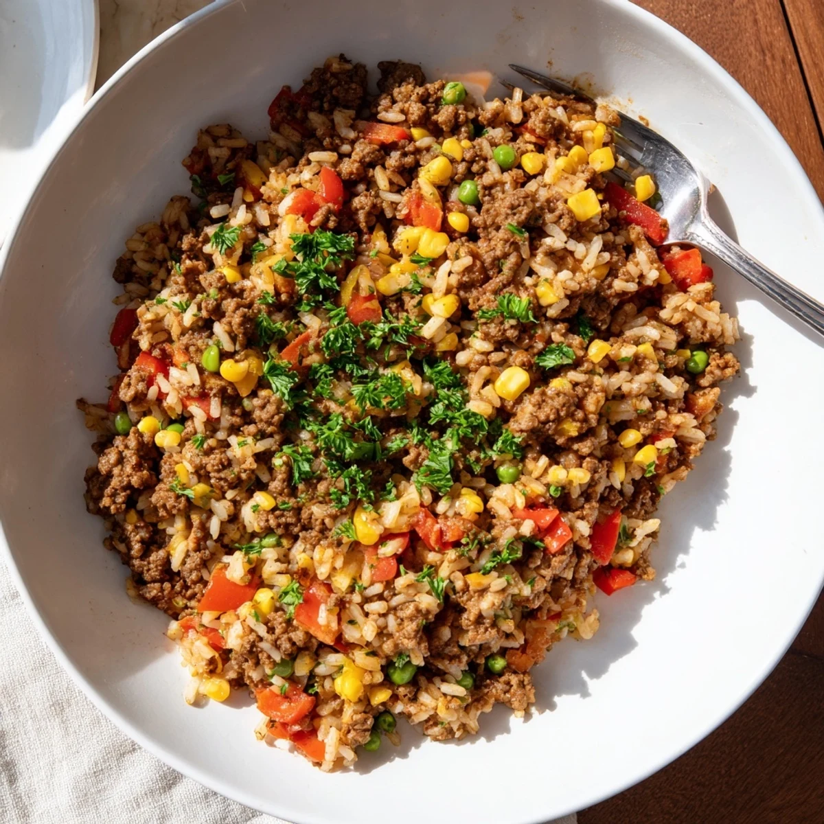 Ground Beef Skillet with Veggies & Rice, a colorful skillet meal, ready to serve with fresh herbs.