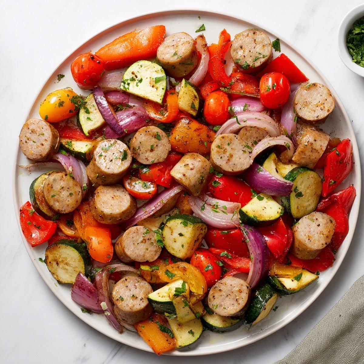 A close-up of delicious sheet-pan roasted veggies & sausage, featuring roasted bell peppers and juicy sausage.