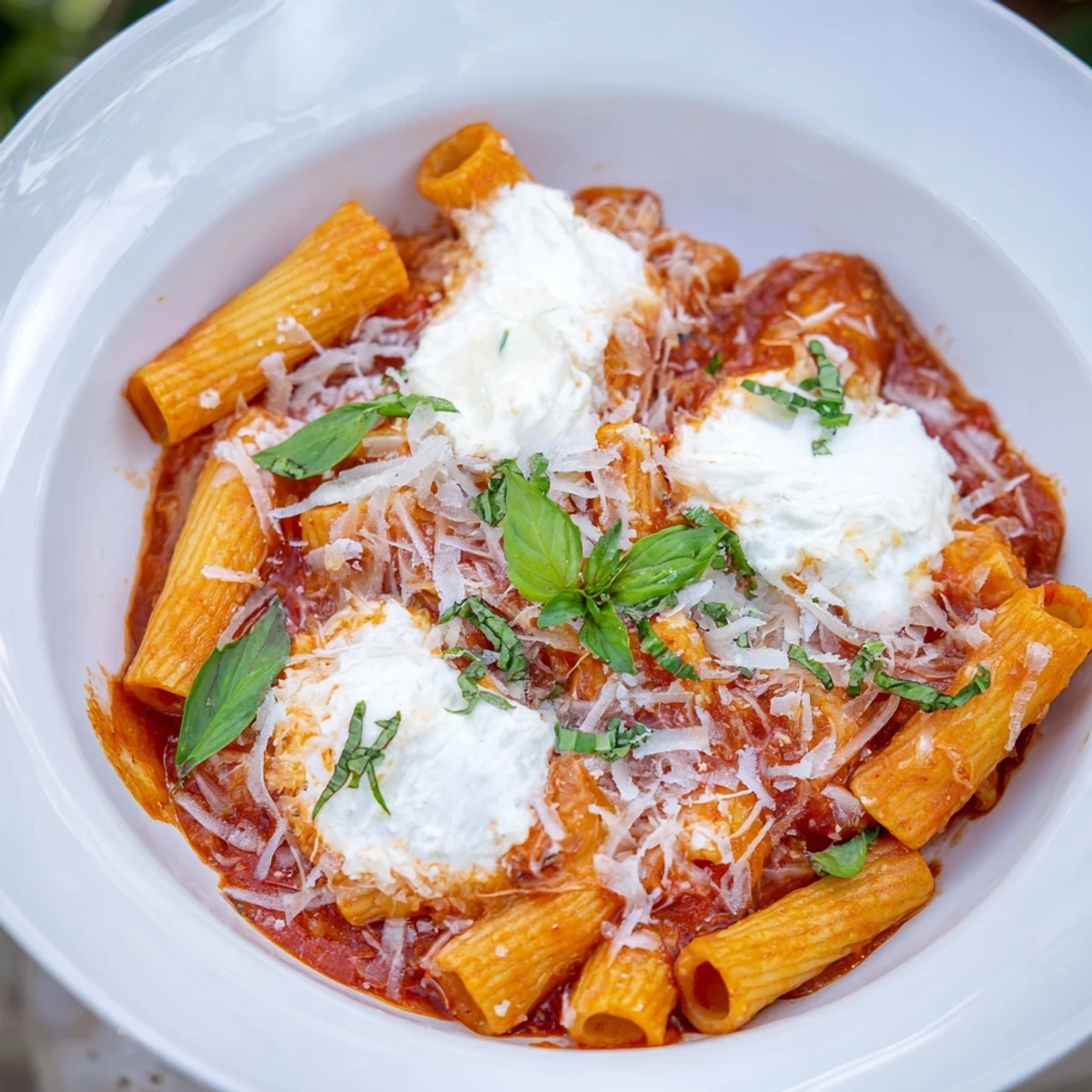 Close-up of baked ziti, glistening with melted cheese, revealing the richness of this one-pan meal.