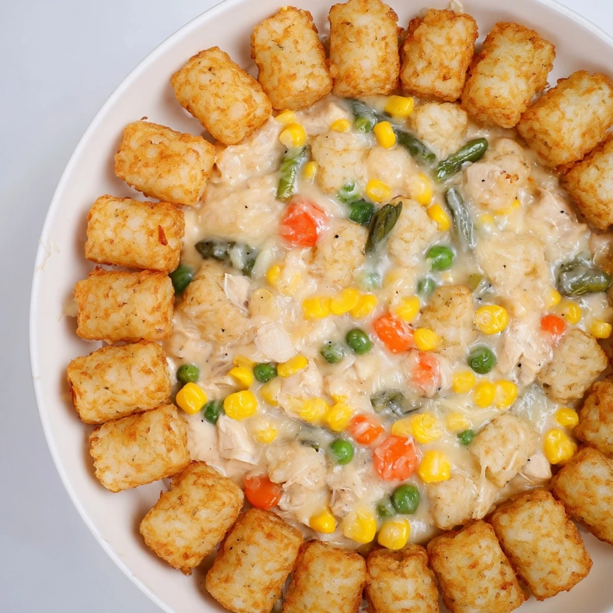 Golden-brown tater tots topping a creamy chicken and vegetable filling in this Tater Tot Chicken Pot Pie.