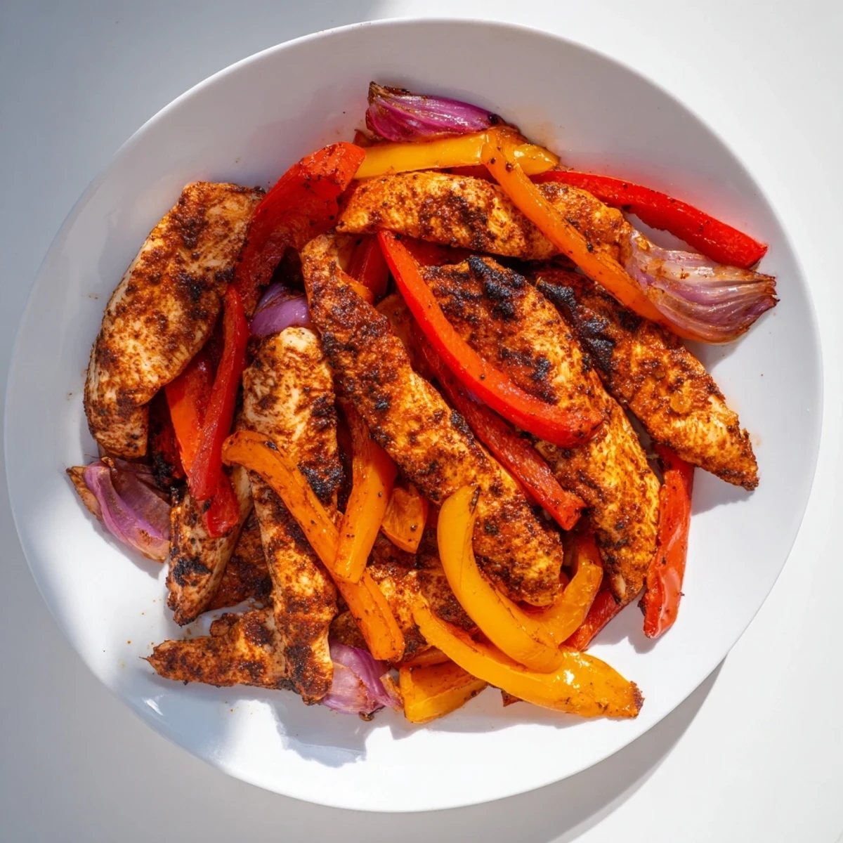 Sheet-Pan Chicken Fajitas, roasted with colorful peppers, ready to be served in warm tortillas.
