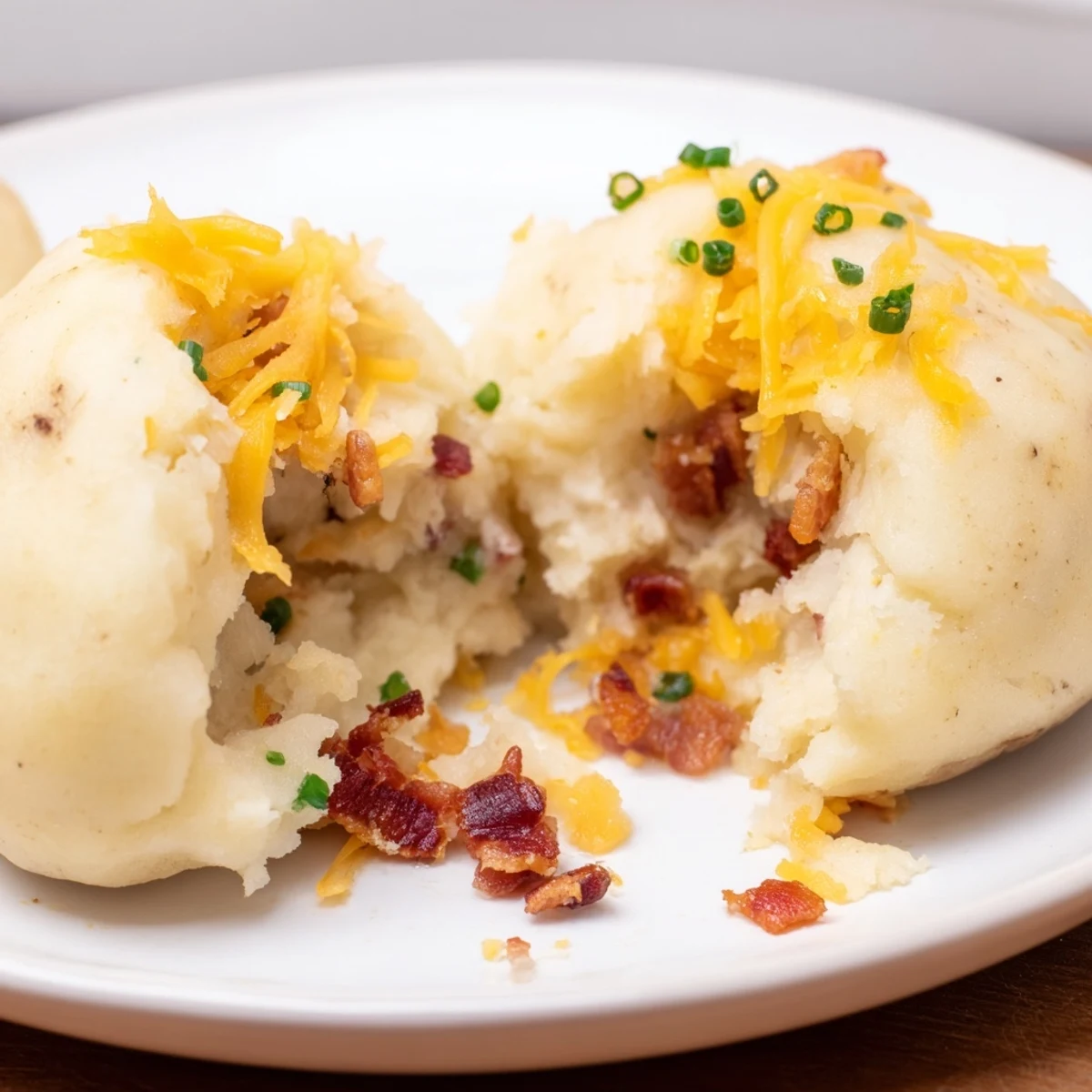 Golden-brown, pan-fried Loaded Baked Potato Soup Dumplings ready to be served, a perfect appetizer.