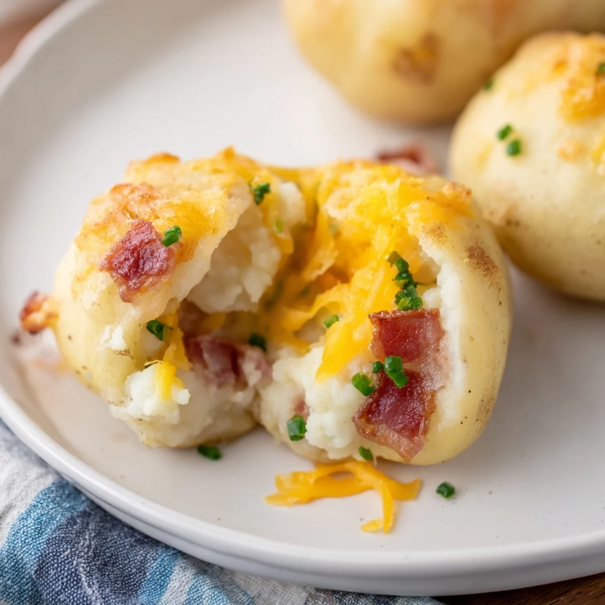 Steaming Loaded Baked Potato Soup Dumplings resting on a platter with cheese, chives, and bacon garnish.