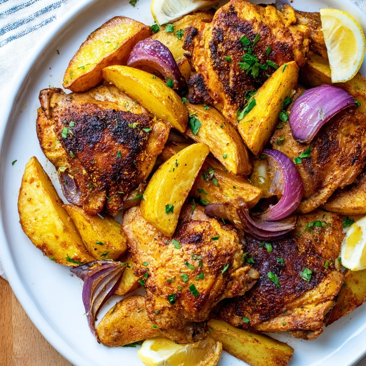 Golden, crispy skin Greek Lemon Chicken and Potatoes sit next to vibrant lemon wedges, ready to enjoy.