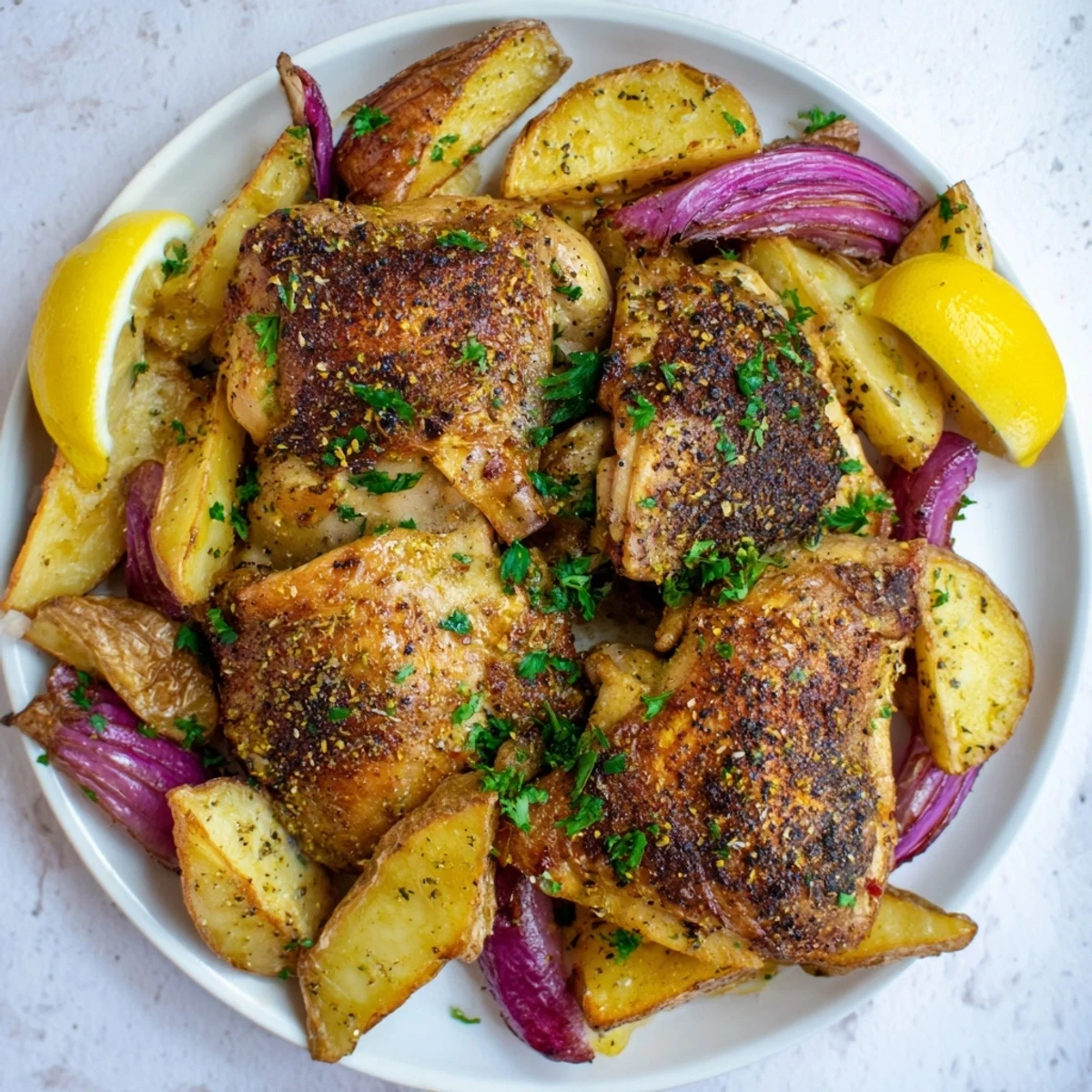 Aromatic Greek Lemon Chicken and Potatoes, with tender chicken and roasted potato wedges, seasoned perfectly.