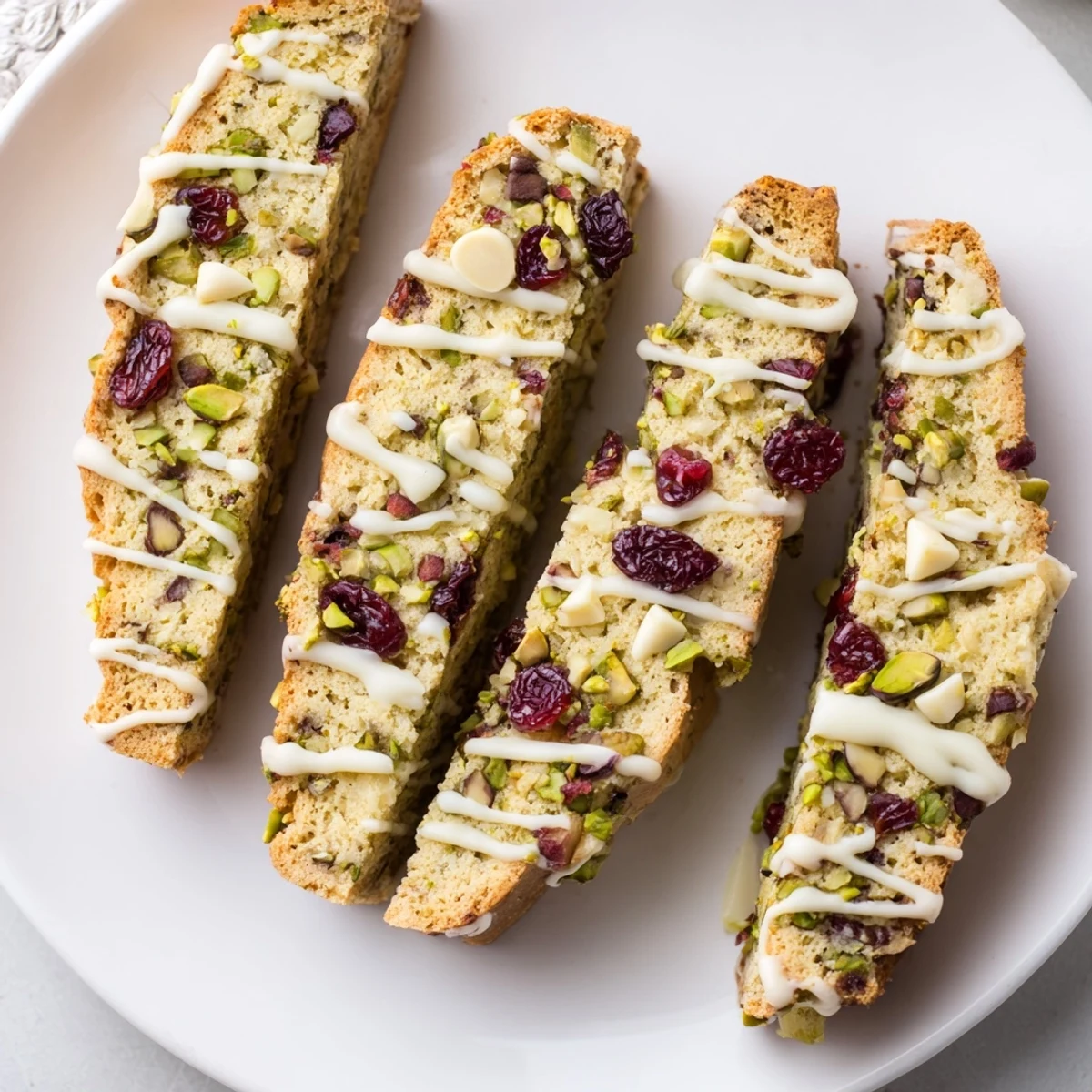 Golden white chocolate cranberry pistachio biscotti, enticingly crisp and perfect for dunking in coffee.