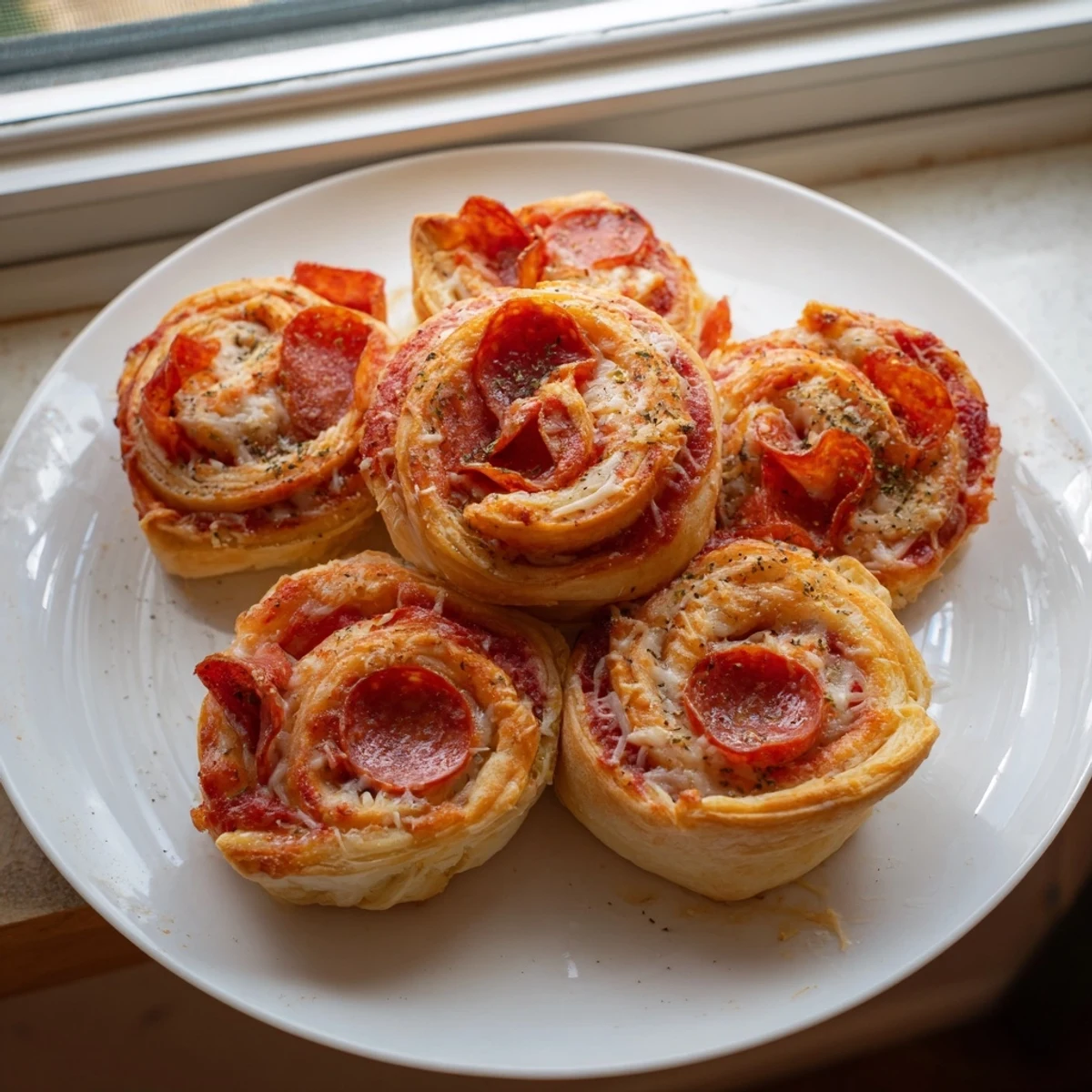 Appetizing close-up shot of mini pepperoni pizza pinwheels, ready for dipping and family snacking enjoyment.