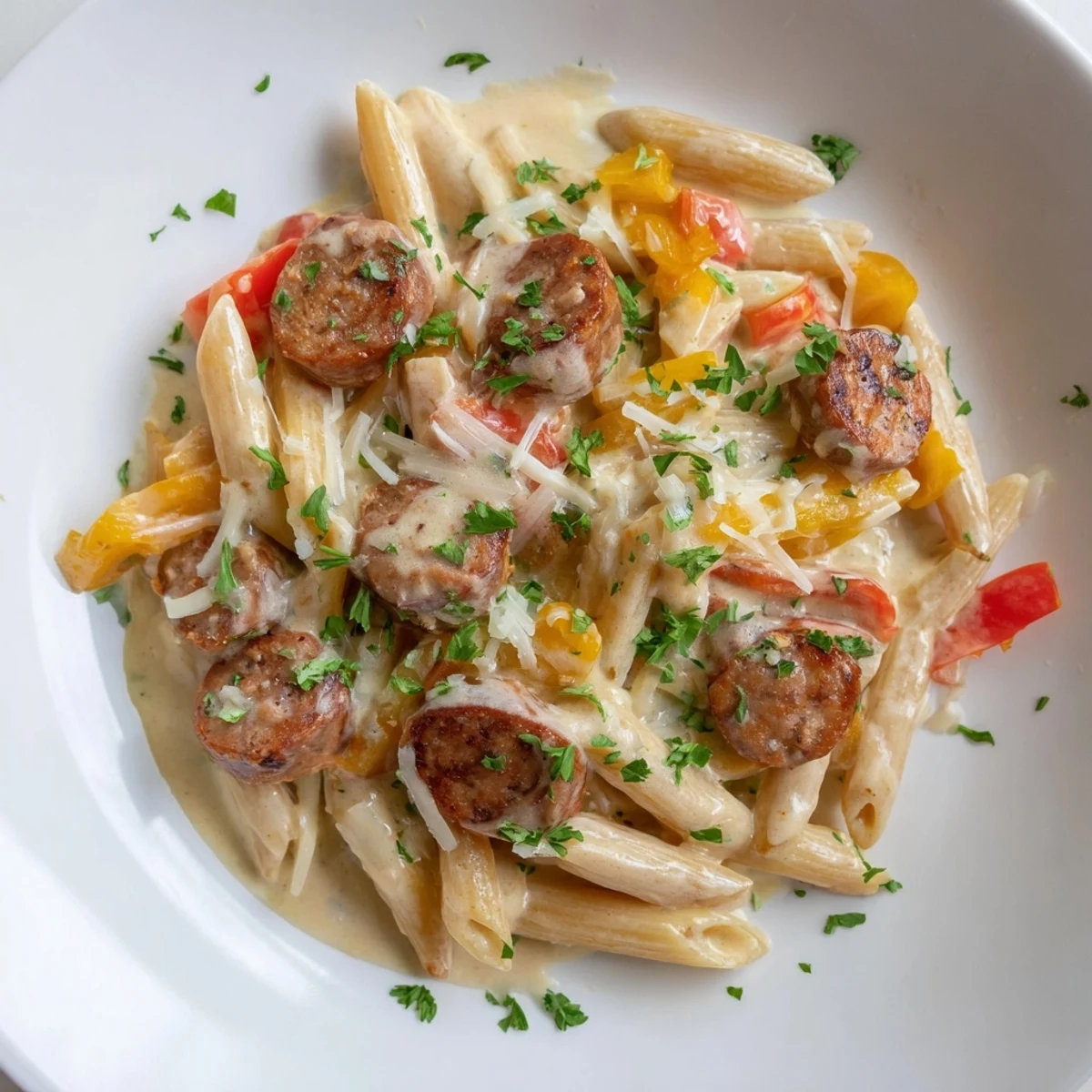 This photo shows a delicious one-pot Cajun Spiced Smoked Sausage Alfredo, ready to serve and enjoy.