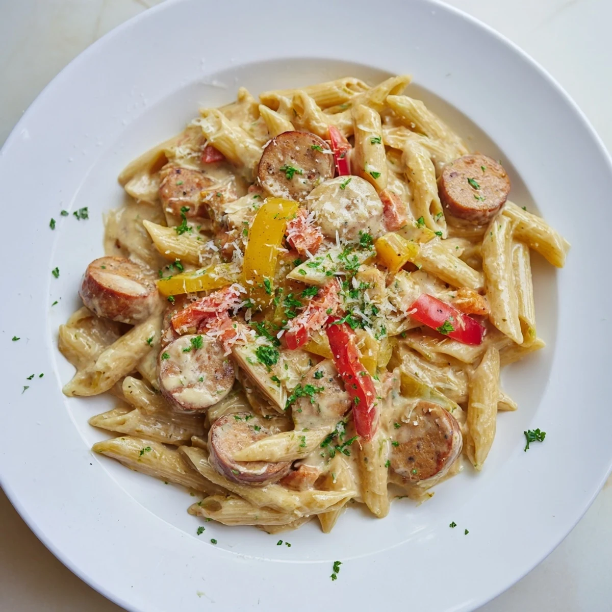Imagine tender pasta and savory sausage in this vibrant Cajun Spiced Smoked Sausage Alfredo, topped with fresh parsley.