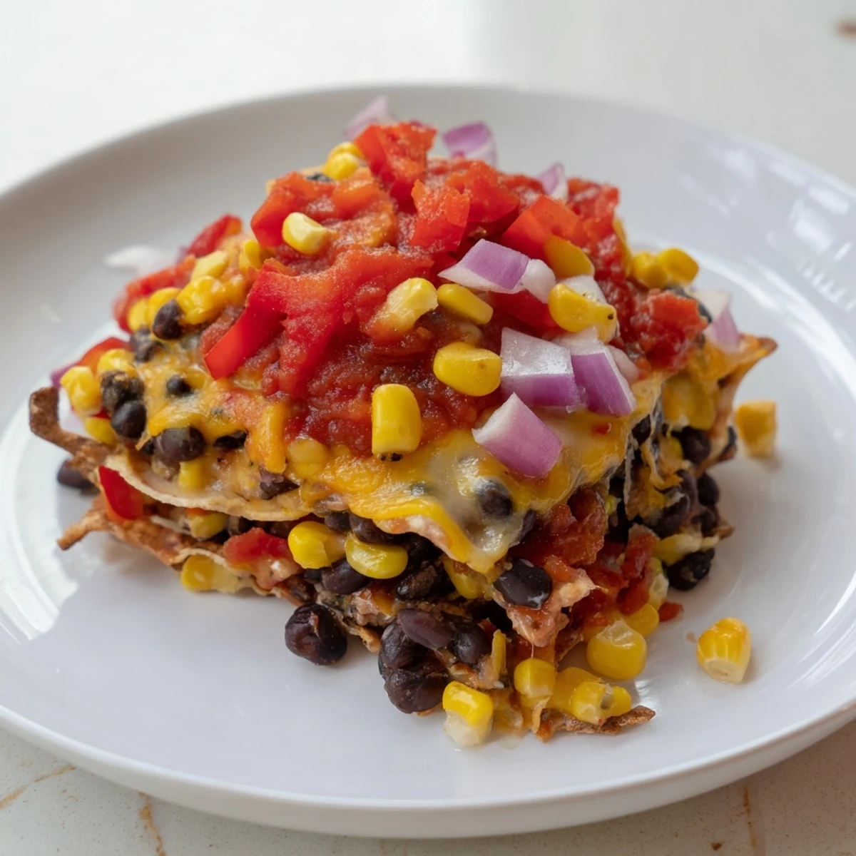 A close-up of cheesy, layered Quick Black Bean and Corn Tortilla Casserole, a comforting vegetarian meal suggestion.