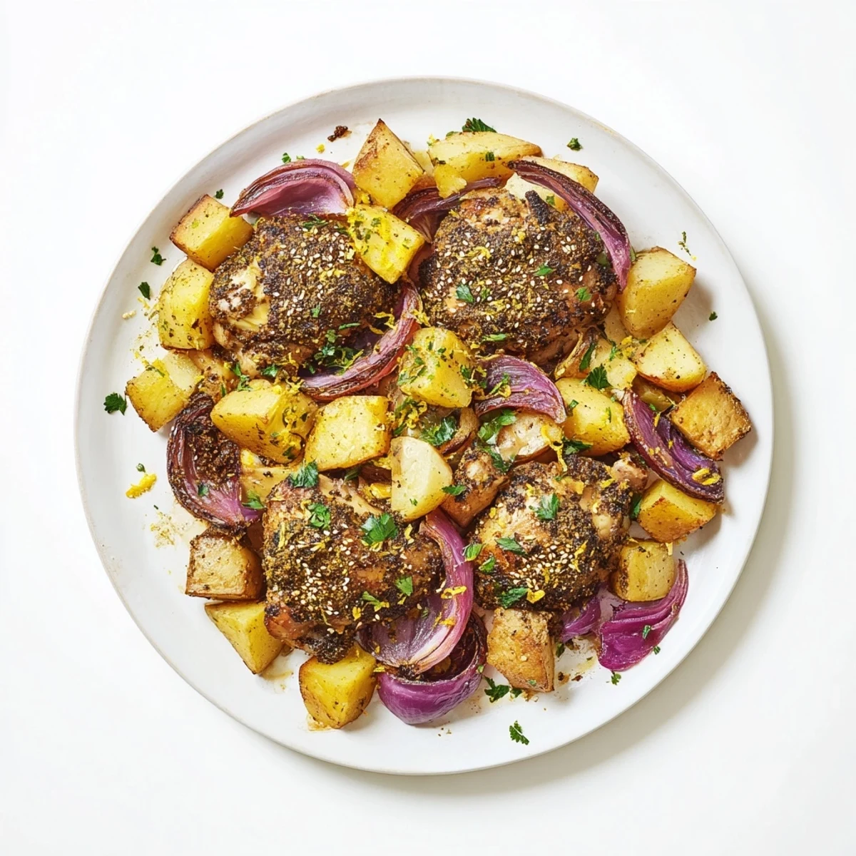 Golden, crispy Pan-Roasted Zaatar Chicken and Potatoes with tender vegetables, ready for dinner.