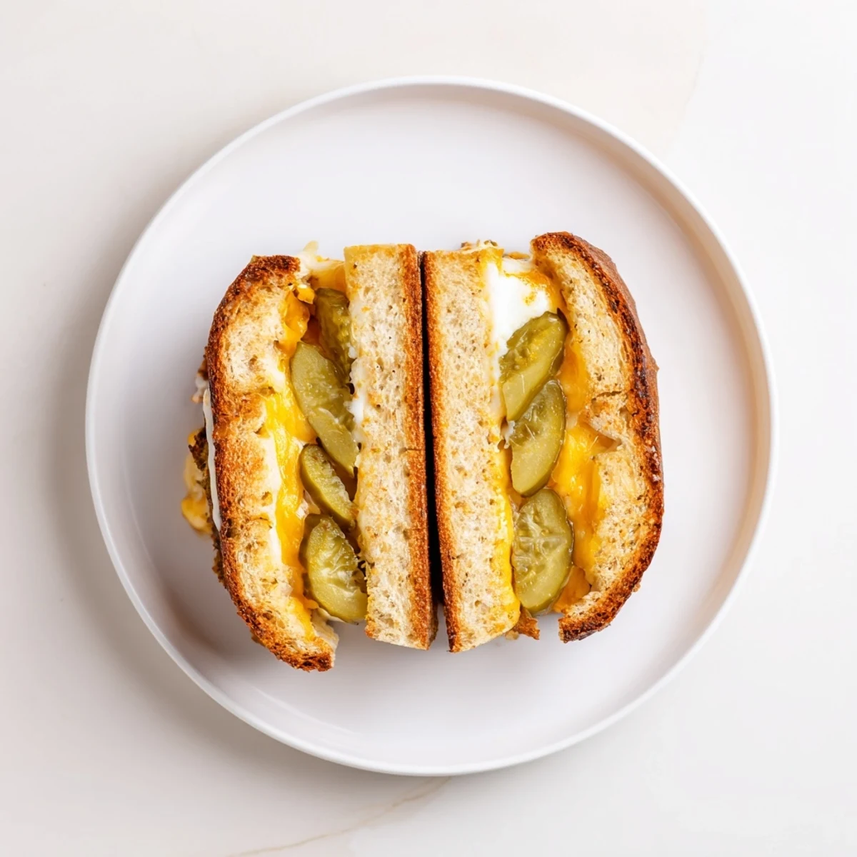 Melted cheese spills from a gooey pickle grilled cheese sandwich, a delicious comfort food classic.