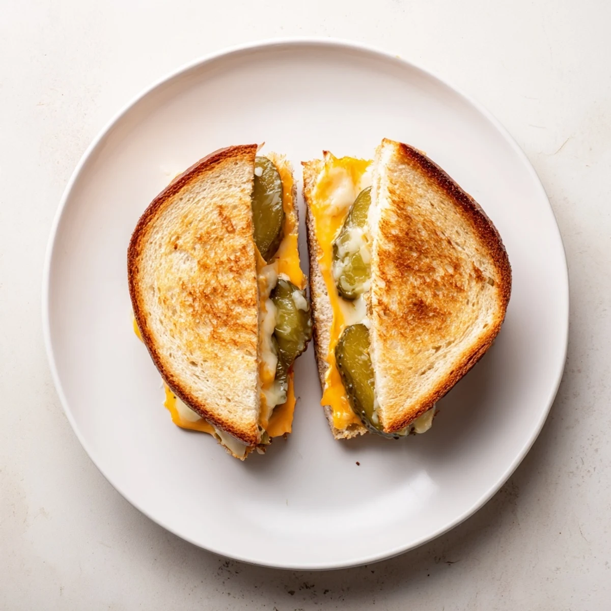 Golden-brown sourdough cradles oozing cheese and pickle slices in this fantastic gooey grilled cheese sandwich.