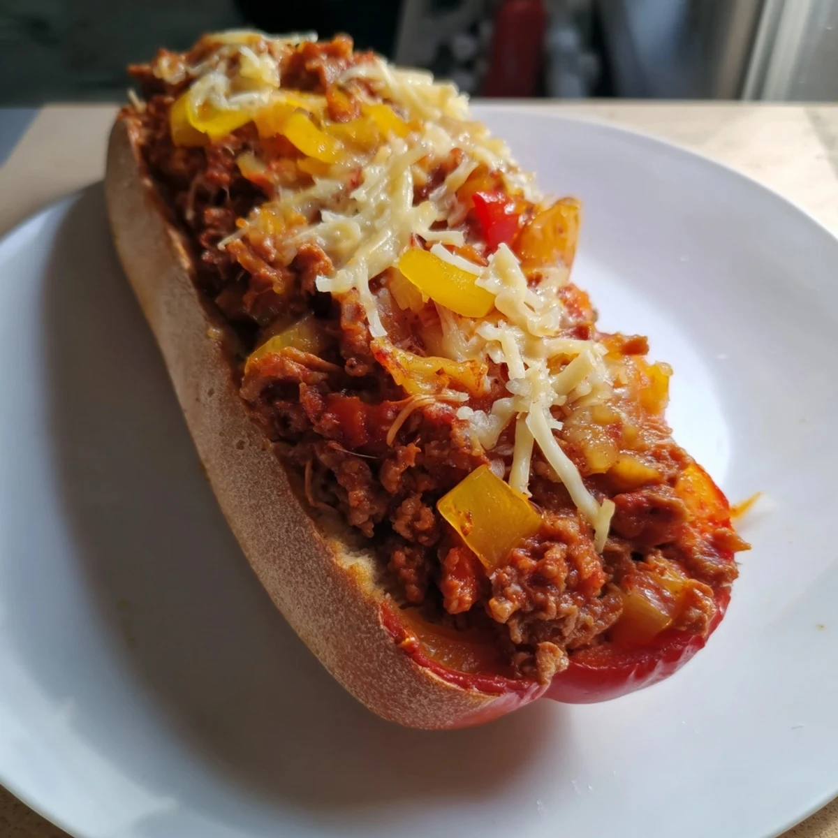 Sloppy Joe Stuffed Bell Peppers brimming with savory beef and bubbly cheddar cheese, a hearty main dish.