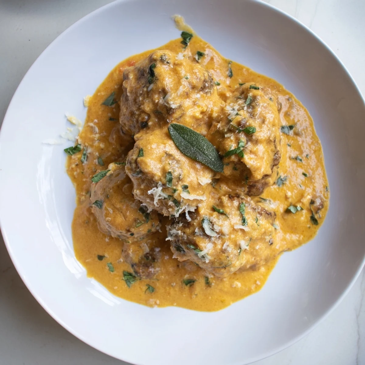 Juicy turkey meatballs swimming in a rich pumpkin sage sauce, ready for a cozy dinner.