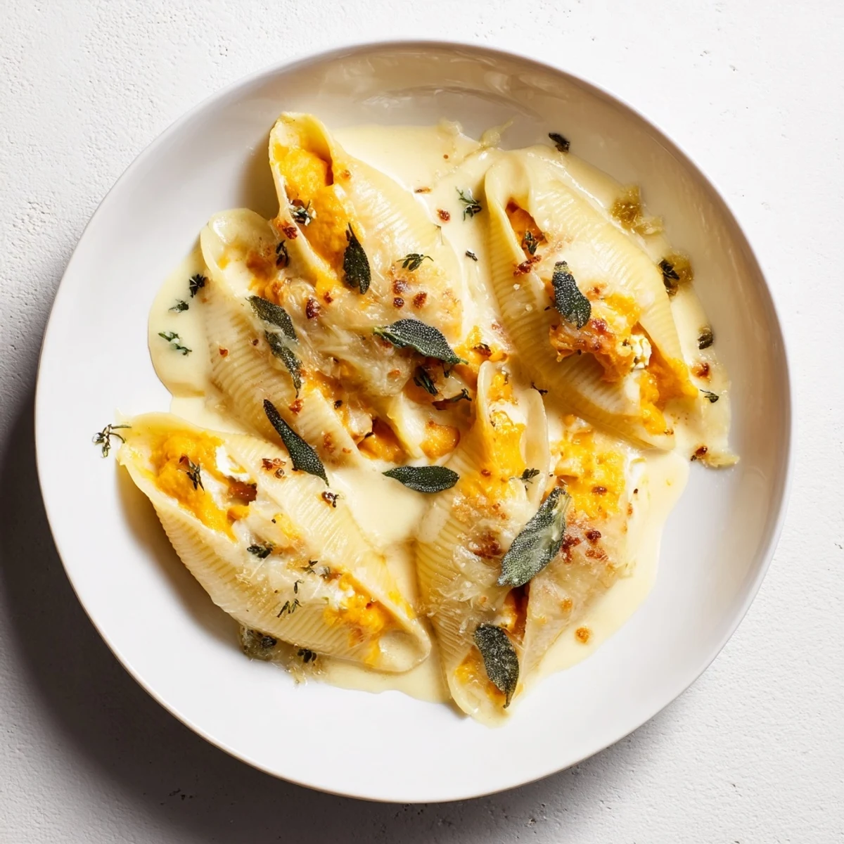 Golden-brown Pumpkin & Gouda Stuffed Shells, bubbling with cheese, ready for a delicious autumn dinner.