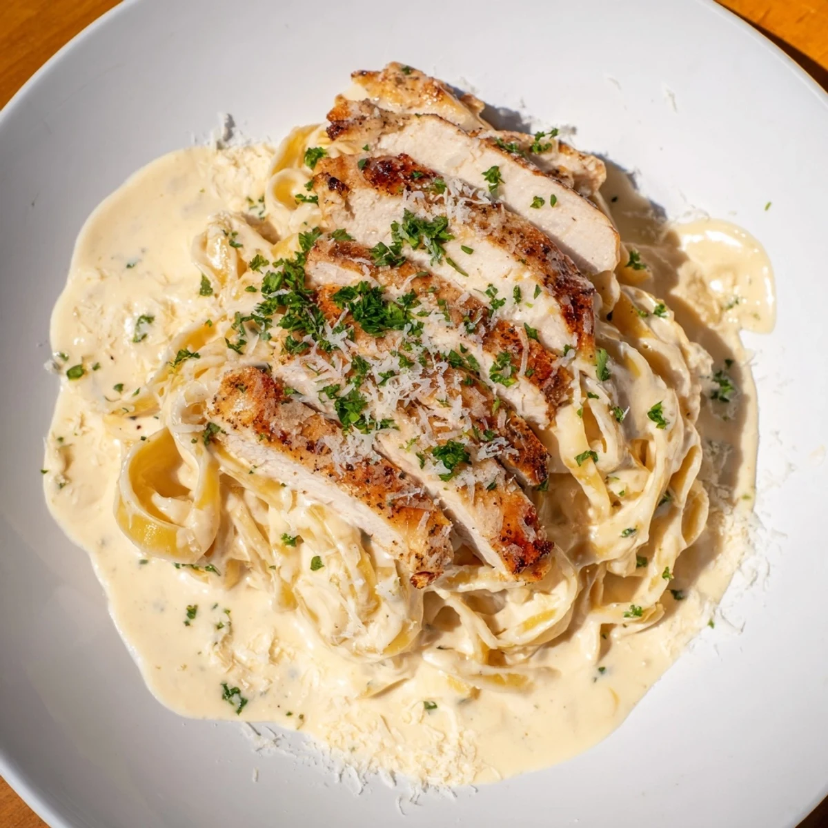 Cajun Chicken Alfredo Fettuccine pasta: Sliced chicken sits atop creamy Velveeta sauce and fettuccine, ready to enjoy.