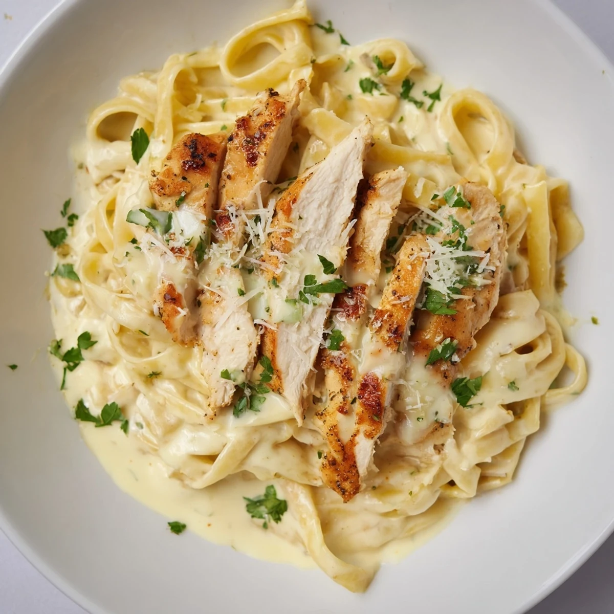 A steaming bowl of Cajun Chicken Alfredo Fettuccine: Tender chicken, creamy sauce, and parsley garnish, a perfect comfort meal.
