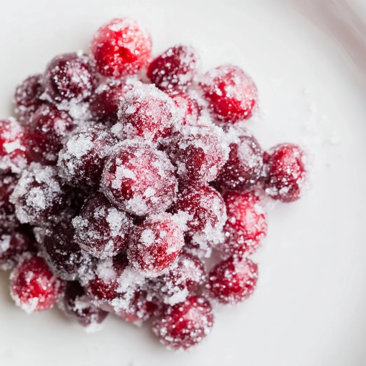Glistening vegan candied cranberry garnish, a sweet and tart delight for topping holiday desserts.